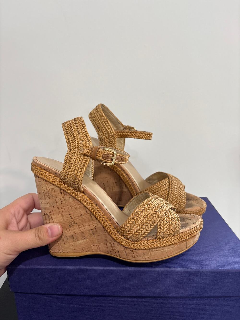 Stuart Weitzman Raffia Wedge Sandals Tan Size 6